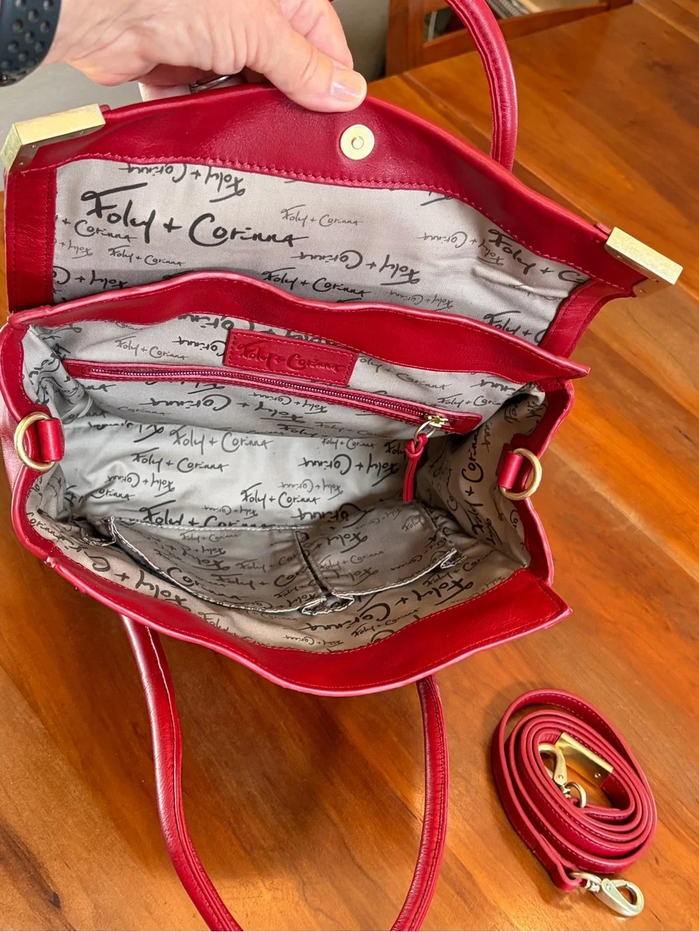 Foley + Corinna Red Leather Satchel with Gold Accents